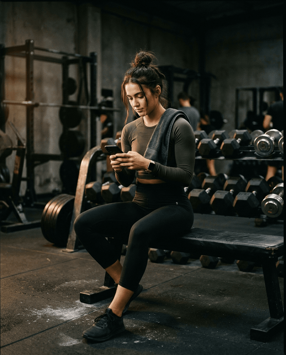 Athlete on a weight bench between sets, checking her phone